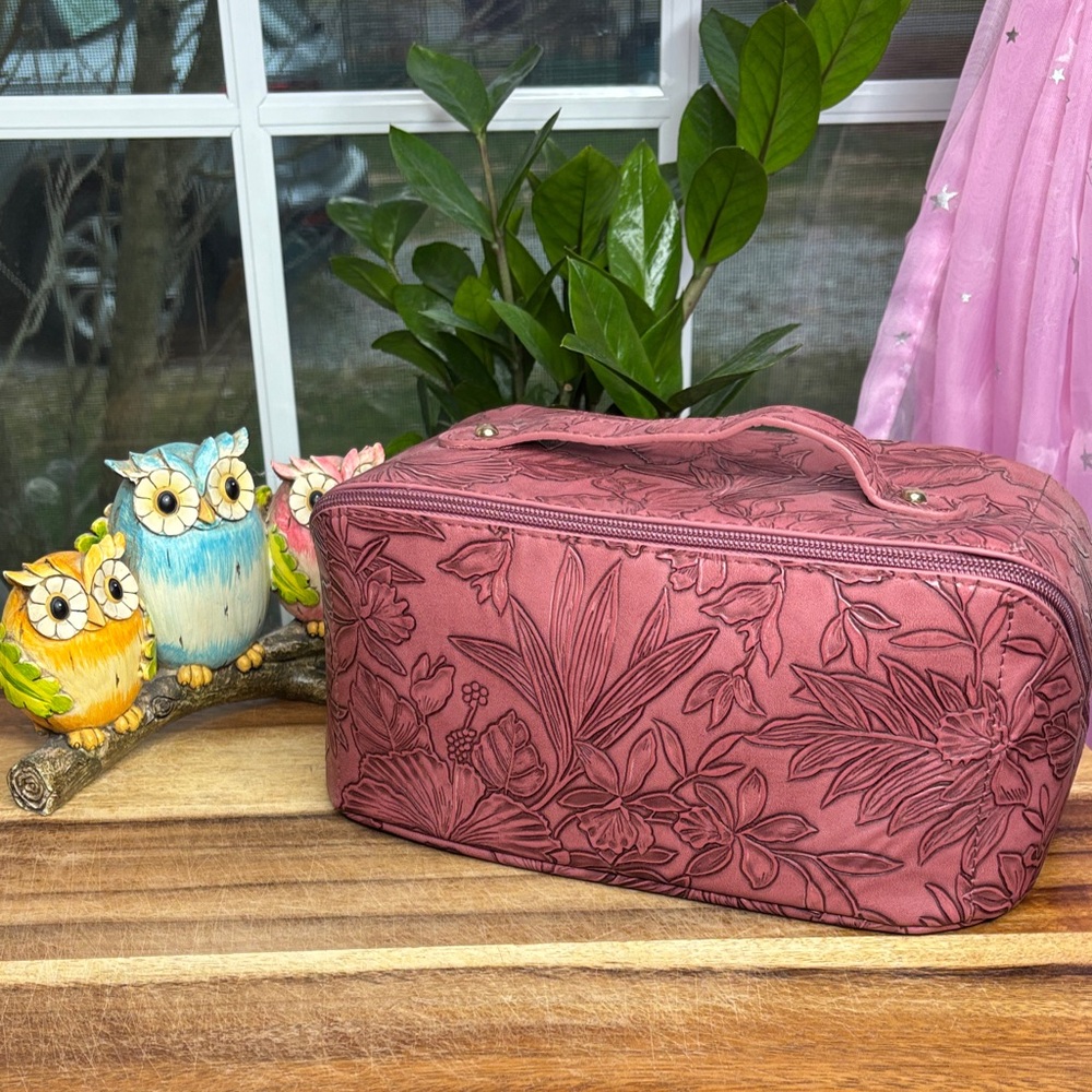 Floral Embossed Pink Cosmetic Train Case with Top Handle